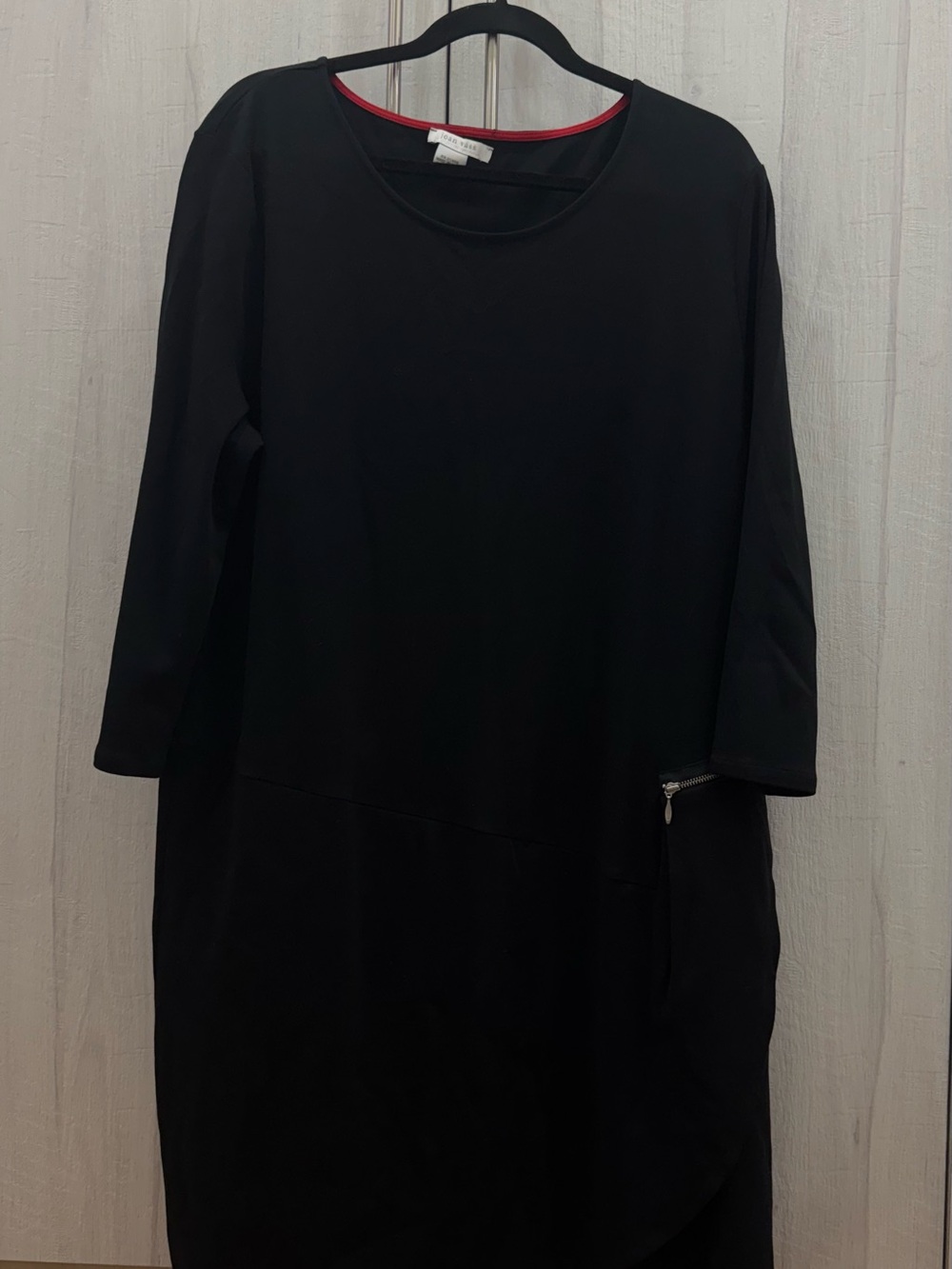 Joan Vass Black Long Sleeve Shift Dress with Zip Accent